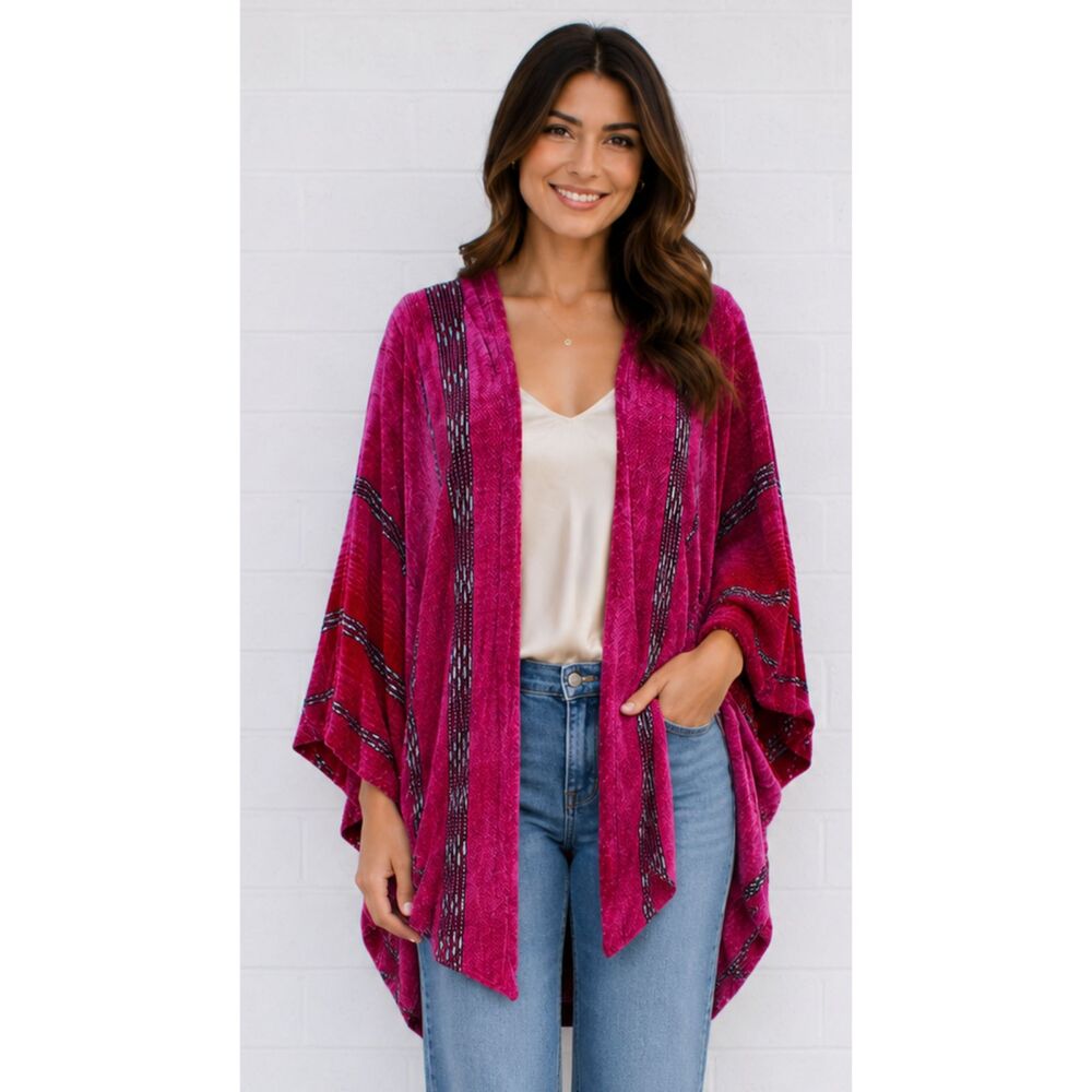 Cynthia Krause Weaver One Size Raspberry Blue Tribal Design Trim Cocoon Jacket